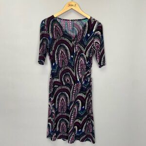 Evan Picone Geomtric 3/4 Sleeve Midi Dress V-neck Side Ruched Pullover